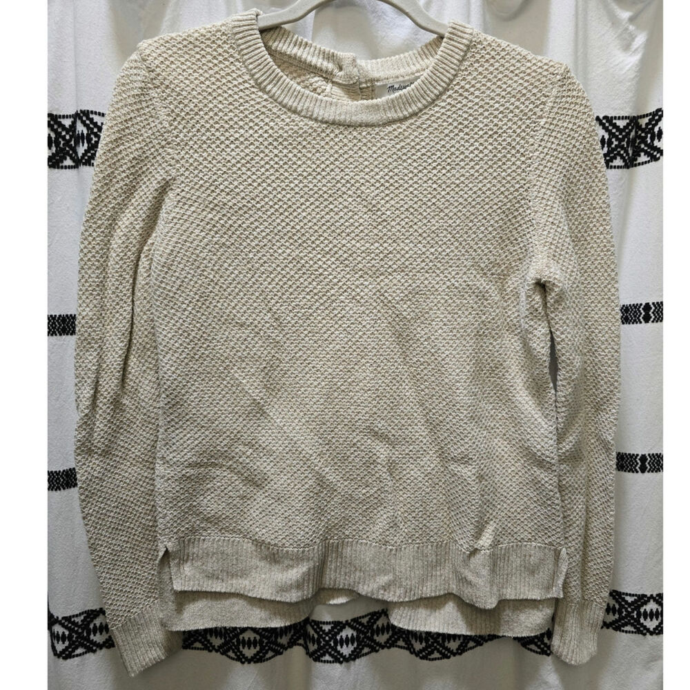 Madewell cream beige waffle knit back button sweater cardigan ribbed edges small